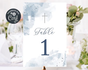 Editable Baptism Table Number template, Digital Table Numbers, Baptism Boy, Blue Baptism (CH472)