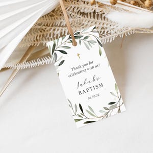 Baptism Favor Tags, Editable Christening Favor Tags, Communion Gift Tags, Olive Branch Wreath (CH939)