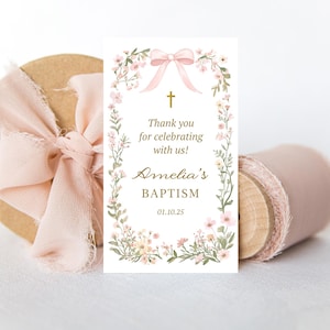 Baptism Favor Tags, Editable Christening Favor Tags, Communion Gift Tag, Printable Favor Tags, Watercolour Wildflowers with Pink Bow (CH909)