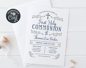 Editable Boy Holy Communion Invitation, First Communion, Navy Boy Communion Invite, Silver Glitter and Navy  (CH165)