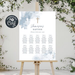 May include: A blue and gold watercolor seating chart for a baptism. The chart has a gold cross at the top and the text "Jameson's Baptism" in a cursive font. The chart is divided into ten tables with names listed under each table number.