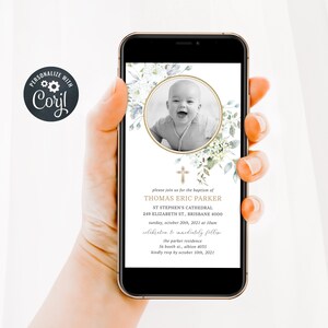 May include: A digital invitation for a baby's christening with a white floral design and a photo of a baby boy. The invitation includes the baby's name, Thomas Eric Parker, the date and time of the christening, and the location of the ceremony and reception.