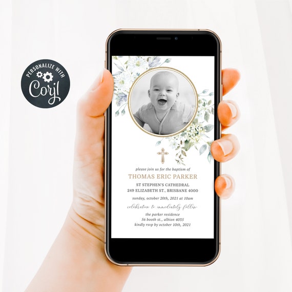 Baptism Evite, Christening Evite, Digital Invitation, Electronic Invite, Green Leaf & Gold with photo (CH531)