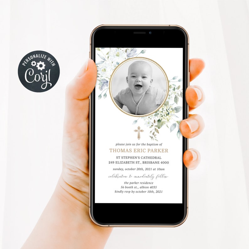 May include: A digital invitation for a baby's christening with a white floral design and a photo of a baby boy. The invitation includes the baby's name, Thomas Eric Parker, the date and time of the christening, and the location of the ceremony and reception.