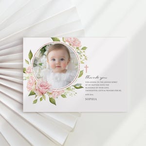 Kommunion Dankeskarte Vorlage, Foto Kommunion, Mädchen Kommunion, Taufe, Taufe Foto rosa Rosenkranz (CH948)