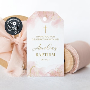 Mädchen Taufbevorzugung Tags, Taufbevorzugung Tags, bearbeitbare Bevorzugung Tags, Rosa und Gold (CH478)