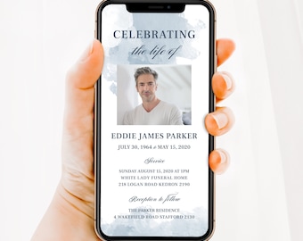May include: A blue and white digital memorial card with a photo of a man. The card reads "Celebrating the life of Eddie James Parker July 30, 1964 - May 15, 2020". It includes details for a service and reception.