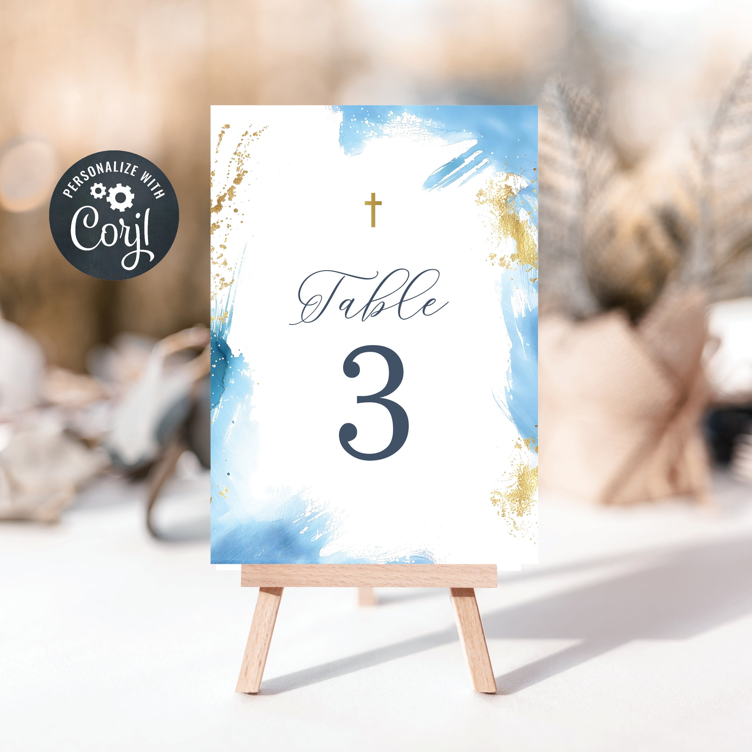 Editable Baptism Table Number template, Digital Table Numbers, Blue and Gold watercolour (CH934)