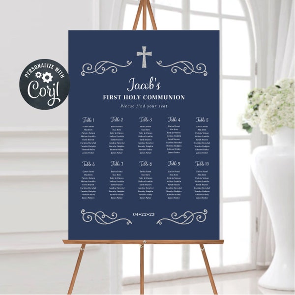 Communion Seating Chart, Seating Chart Template, Editable Seating Chart, Navy & Gold Seating Chart (CH205)