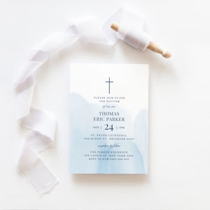 Editable Baptism Invitation Template, Boy Baptism Invite, Blue Baptism Invitation, Boy Communion Invite, Blue Watercolour Invite (CH510)