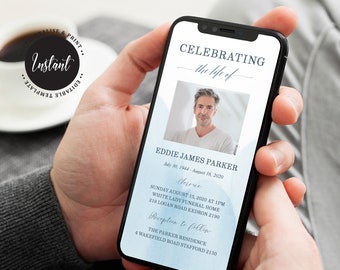 May include: A smartphone displays a memorial announcement. The text reads "Celebrating the life of Eddie James Parker" with a photo. Details include dates, service information, and reception location. The phone is held in someone's hands.