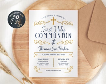 Editable Holy Communion Invitation Template, Digital Communion Invite, Navy and Gold (CH516)