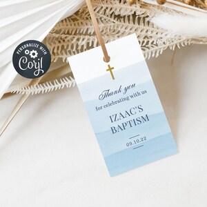 Baptism Favor Tags, Editable Christening Favor Tags, Printable Favor Tags, Blue and Gold Watercolour (CH446)