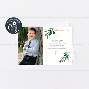 Plantilla de tarjeta de agradecimiento de la Sagrada Comunión, tarjeta de agradecimiento de foto, vegetación y oro (CH864)