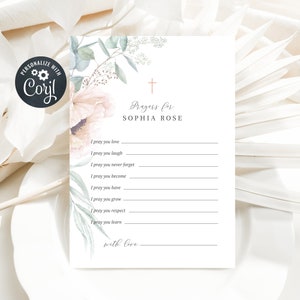 Editable Baptism Prayer Card template, Christening Prayer Card, Baby Girl Prayer Card, Pink Floral Watercolour (CH490)