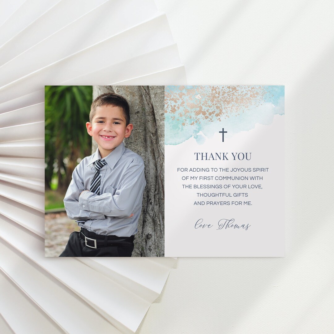Holy Communion Thank You Card Template, Photo Thank You, Blue Communion