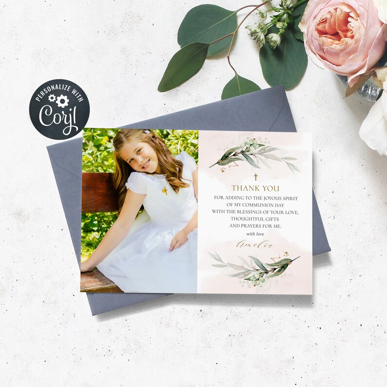 Holy Communion Thank You Card Template Girl Photo Thank You Etsy