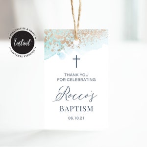 Taufbevorzugung Tags, bearbeitbare Taufbevorzugung Tags, druckbare Gunst Tags, Blau und Rose Gold Aquarell (CH456)