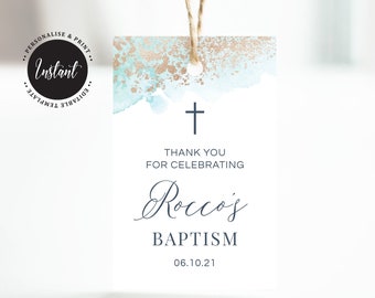 Baptism Favor Tags, Editable Christening Favor Tags, Printable Favor Tags, Blue and Rose Gold Watercolour (CH456)