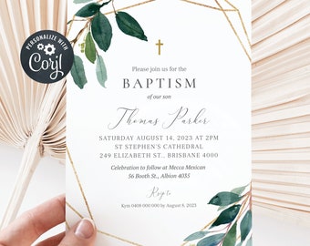 Editable Baptism, Christening or Holy Communion Invite, Green Watercolour Eucalyptus and Gold Frame  (CH110