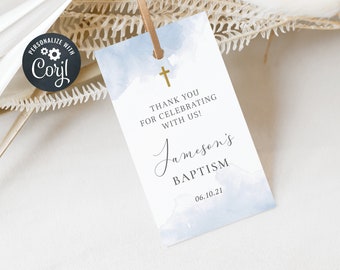 Baptism Favor Tags, Editable Christening Favor Tags, Printable Favor Tags, Boy Baptism Favor Tags, Blue Watercolour (CH112)