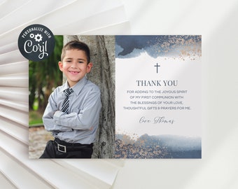 Holy Communion thank you card template, Photo thank you, Boy Communion,  Navy Watercolour with Gold Photo Thank You Card (CH492)