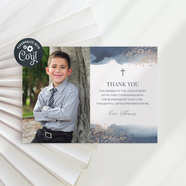 Holy Communion thank you card template, Photo thank you, Boy Communion,  Navy Watercolour with Gold Photo Thank You Card (CH492)