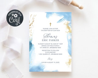 May include: Baptism invitation with blue and gold watercolor design. The invitation includes the text "Please join us for the baptism of our son" and details for the event, including the date, time, and location.