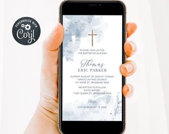 Baptism Evite, Christening Evite, Holy Communion Evite, Digital Invitation, Dusty Blue Water Colour Invitation (CH470)