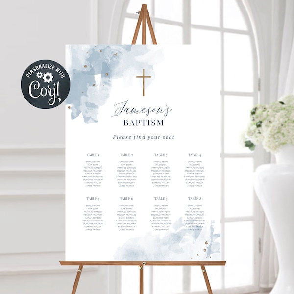 Baptism Seating Chart, Seating Chart Template, Editable Seating Chart, Blue Watercolour (CH470)