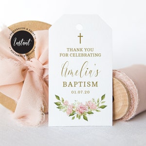 Editable Christening Favor Tags, Girl Baptism Favor Tags, Printable Favor Tags, Watercolour Roses, Pink and Gold (CH204)