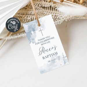Baptism Favor Tags, Editable Christening Favor Tags, Printable Favor Tags, Blue and Silver Watercolour (CH472)