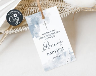 Baptism Favor Tags, Editable Christening Favor Tags, Printable Favor Tags, Blue and Silver Watercolour (CH472)