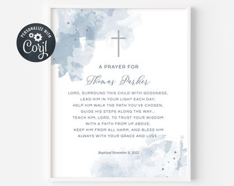 Baptism Gift Boy, Prayer Sign, Christening Gift, Editable Prayer Sign, Godfather Gift, Baptism Printable, Navy and Silver (CH472)