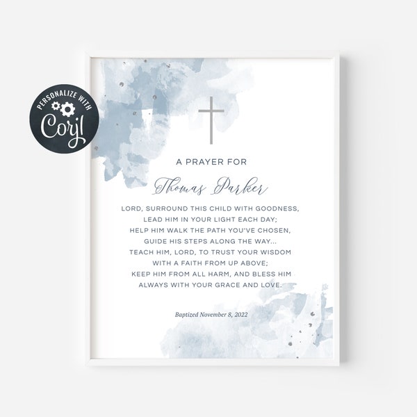 Baptism Gift Boy, Prayer Sign, Christening Gift, Editable Prayer Sign, Godfather Gift, Baptism Printable, Navy and Silver (CH472)