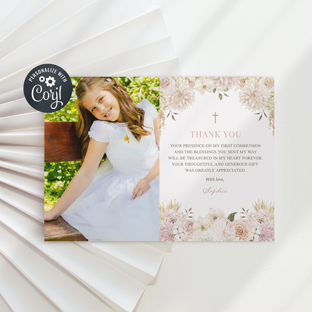 Holy Communion Thank You Card Template, Girl Christening, Girl Baptism