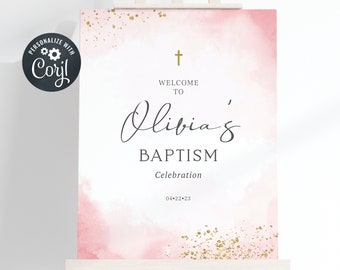 Girl Baptism Welcome Sign Template, Christening Welcome Sign, Instant Download, Pink and Gold Welcome Sign (CH118)