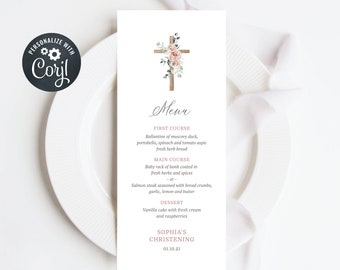 Girl Baptism Menu Template, Girl Christening Menu, Editable Girl Baptism Menu, Cross with Pink Flowers (CH571)