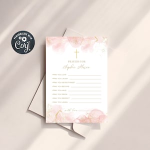 Modello modificabile di biglietto di preghiera per battesimo, biglietto di preghiera per battesimo, biglietto di preghiera per bambina, biglietto per acquerello rosa e oro (CH478)