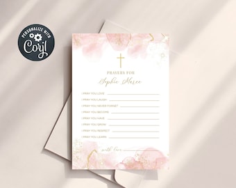 Editable Baptism Prayer Card template, Christening Prayer Card, Baby Girl Prayer Card, Pink and Gold Watercolor Card (CH478)