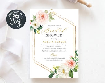 Bridal Shower Invitation, Editable Invite, Instant Download, Peach, Pink and Gold Watercolour Invite (BR210)