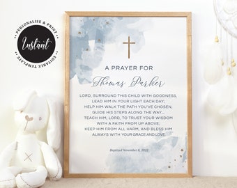 Baptism Gift Boy, Prayer Sign, Christening Gift, Editable Prayer Sign, Godfather Gift, Baptism Printable, Blue Watercolor with Gold (CH470)