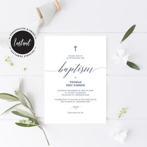 Instant Download, Baptism Invitation, Boy Baptism Invitation, Navy and White Script invite (CH199)