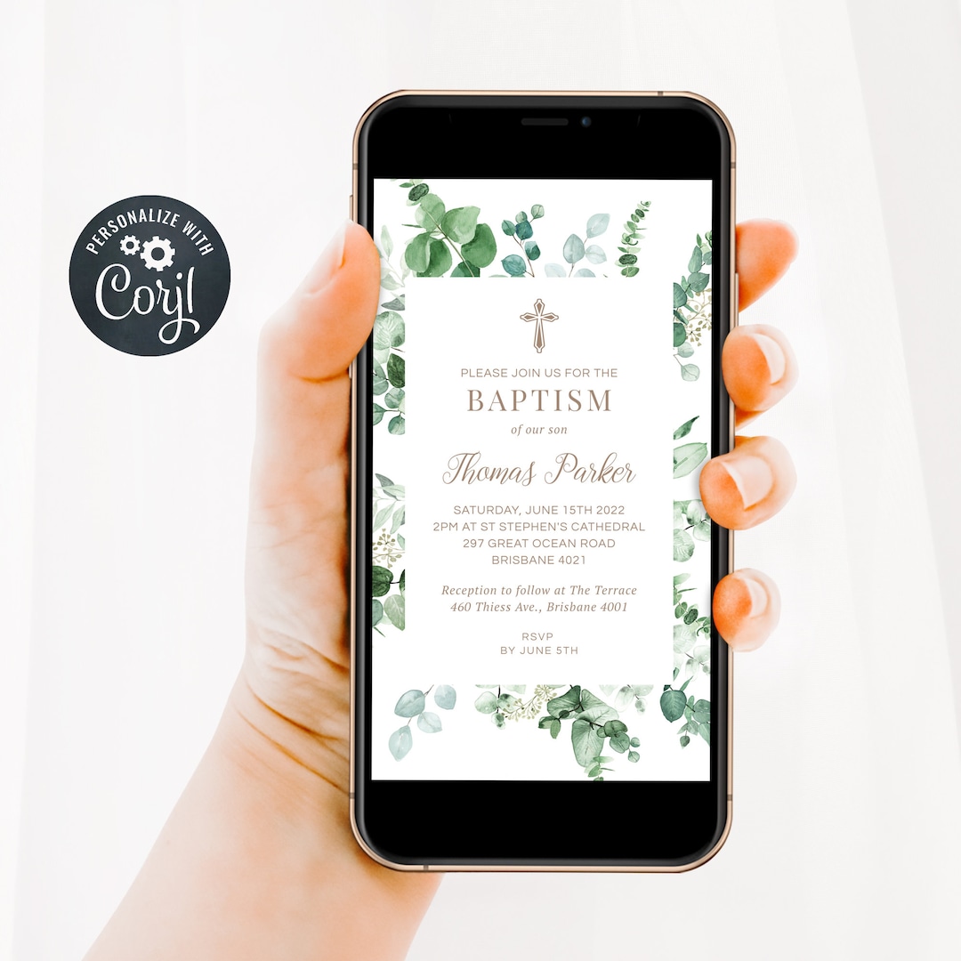 Baptism Evite Template, Christening Evite, Digital Invitation, Green