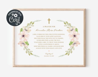 Baptism Gift Girl, Prayer Sign, Christening Gift, Editable Prayer Sign, Cream and Blush Flowers with Gold Cross  (CH05)