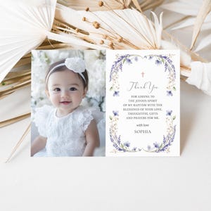 Tarjeta de agradecimiento por el bautismo editable, plantilla de tarjeta de agradecimiento por la Santa Comunión, tarjeta de agradecimiento con foto, tarjeta de agradecimiento con corona de flores silvestres (CH942)
