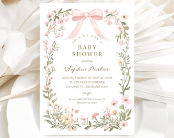 Invitación para baby shower de niña, invitación para baby shower, invitación para baby shower con lazo rosa y flores silvestres, invitación para niña (BA909)