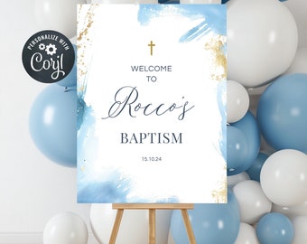 Boy Baptism Welcome Sign, Christening Welcome Sign, Instant Download, Blue and Gold Watercolour (CH934)