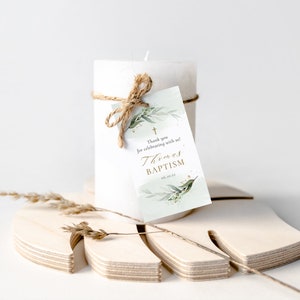 Baptism Favor Tags, Editable Christening Favor Tags, Communion Gift Tags, Eucalyptus Greenery and Gold Cross (CH575)