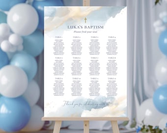 Baptism Seating Chart, Boy Seating Chart Template, Editable Seating Chart, Blue, Beige & Gold (CH906)